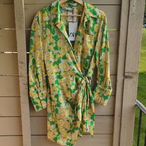 Zara Yellow and Green Floral Wrap Dress
